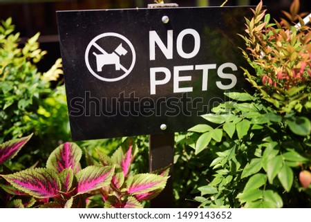 Prohibitive board - forbidden for pets - on lawn on street of New York City. Owning a pet in big city.