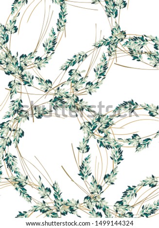 Pattern with circles of  green spikelet of wheat, bright botanic grass with branches on white background 