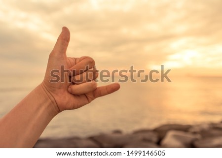 Shaka hand sign on ocean background. Hang loose gesture. 