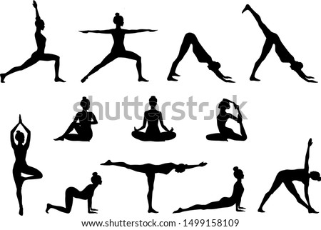 Slim sportive young woman doing yoga & fitness exercises. Healthy lifestyle. Set of vector silhouette illustrations design isolated on white background for t-shirt graphics, icons, web, posters, print Royalty-Free Stock Photo #1499158109