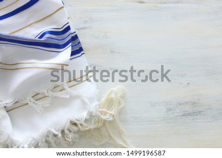 religion concept of White Prayer Shawl - Tallit, jewish religious symbol Royalty-Free Stock Photo #1499196587
