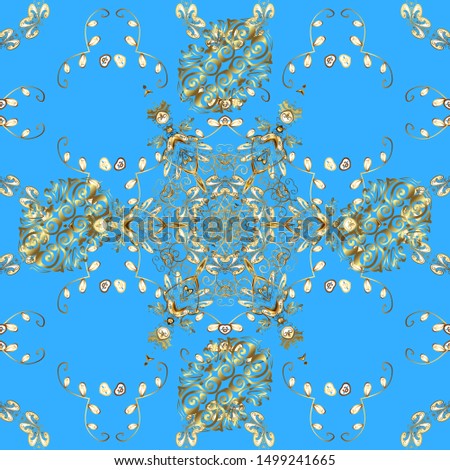 Damask gold abstract flower seamless pattern on brown and blue colors. Ornate decoration.
