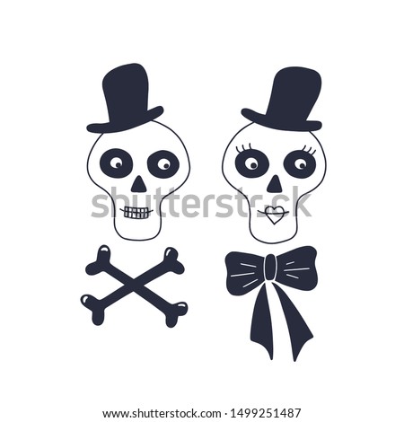 A Cuple of skulls. Happy Halloween postcard. Hand drawn vector autumn illustration. Holiday background. Horror. Cartoon, icon, dark, cute, funny, Thanksgiving, october, face, decoration, black, gothic