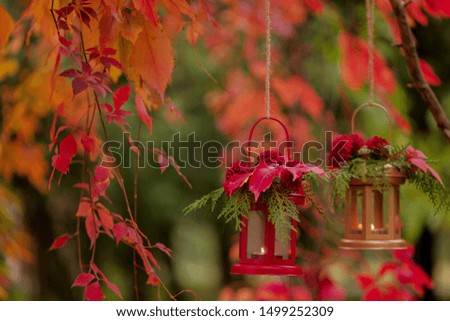 Fall time. Autumn decoration. Candlesticks in the form of lanterns with daisy decor, juniper and autumn red leaves. Selective focus.