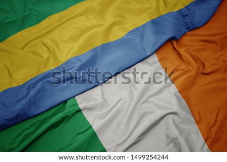 waving colorful flag of ireland and national flag of gabon. macro