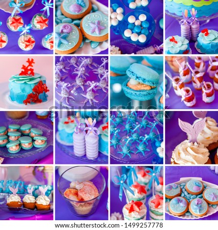 Sea and summer time theme for party or birthday. Collage of five pictures of sweets, cupcakes, pop cakes.