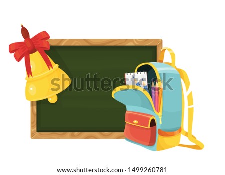 vector illustration with a bell with a bow and a school bag