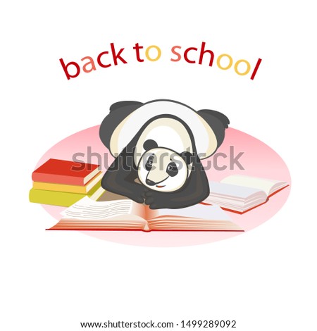 Panda lies and reads books on a white background.