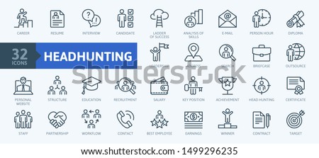 Headhunting And Recruiting minimal thin line web icon set. Included the icons as Job Interview, Career Path, Resume and more. Outline icons collection.Simple vector illustration. Royalty-Free Stock Photo #1499296235