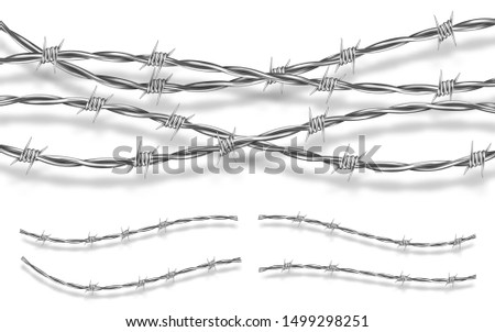 Metal steel barbed wire with thorns or spikes realistic vector illustration isolated on white background with shadow. Fencing or barrier element for danger industrial facilities or prisons Royalty-Free Stock Photo #1499298251