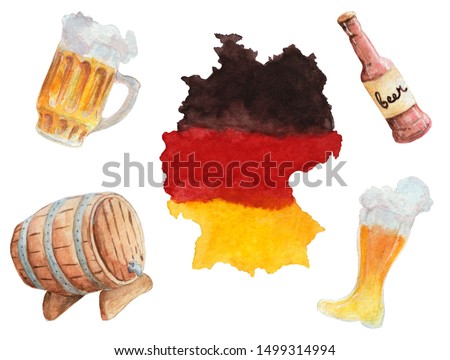 Hand drawn watercolor oktoberfest set - Germany, mugs, barrel and glasses of beer, botlle and deer boot - hand drawn illustration