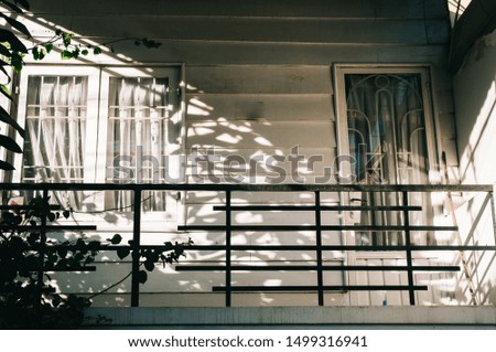 Exterior house design, outdoors picture, the balcony of a small, white wooden house, iron railings with green vines. Sunlight create beautiful contrast on the wall and make the scene look moody