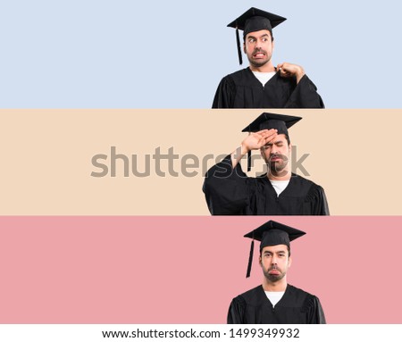 Set of Man on his graduation day University with tired and sick expression on colorful background