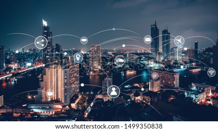Internet network communication system Connect business contacts in the city. Royalty-Free Stock Photo #1499350838