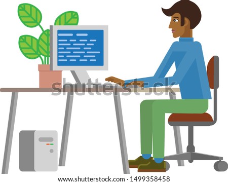 A young man working in his business office interior with computer desk and chair. Flat modern style cartoon 