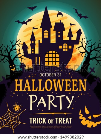 Halloween poster. Scary party invitation flyer template with horror symbols pumpkin bones skull vector halloween background