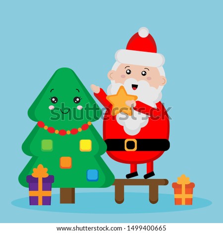 Cute Santa Claus decorating christmas tree. Christmas card for kids.