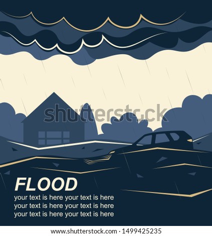 Flooding or natural disaster. Car during a flood in flood, overflow and big waves. Floating trash in the water. Flooded house. Flood zone. Landscape background for poster or card.