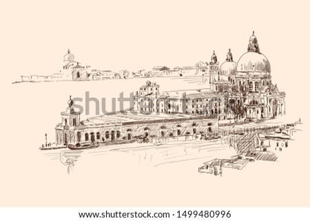 Scenery of the old city of Venice. Ancient buildings, a water channel and a boat floating on the water. Pencil sketch. General plan, view from the top.