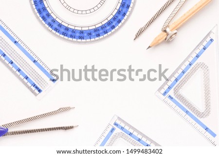 Geometry set isolated agains white, flat lay composition, copy space for text