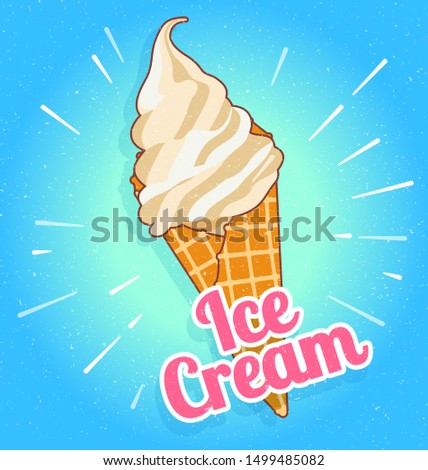 Colorful tasty isolated ice cream at a turquoise background. Crunchy wafer cone filled with white and beige cream. Illustration.