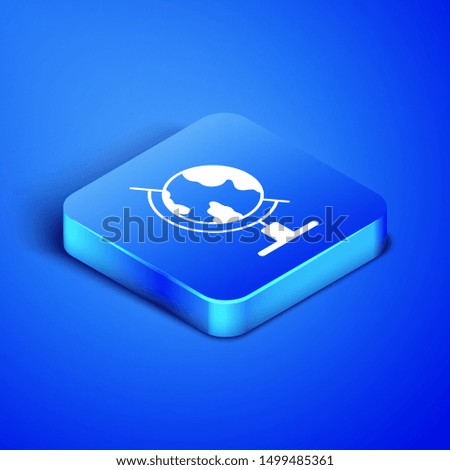 Isometric Earth globe icon isolated on blue background. Blue square button. Vector Illustration