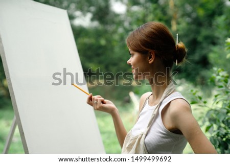 woman, artist in nature, summer, bright, brush, hipster, young, paints, smile, pencil, draw