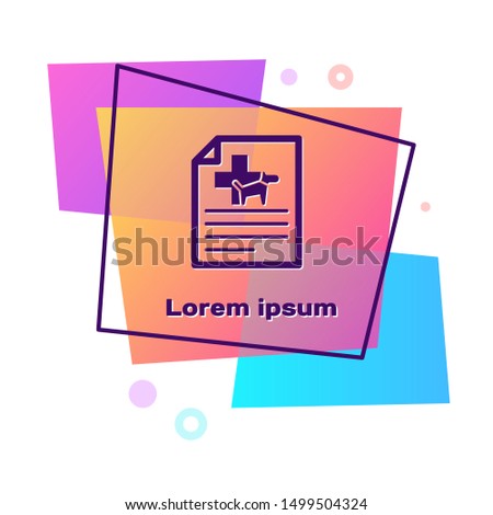 Purple Medical certificate for travel with dog or cat icon isolated on white background. Document for pet. Color rectangle button. Vector Illustration