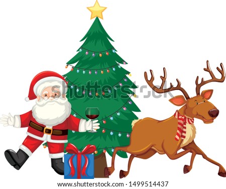 Santa and reindeer by the christmas tree illustration