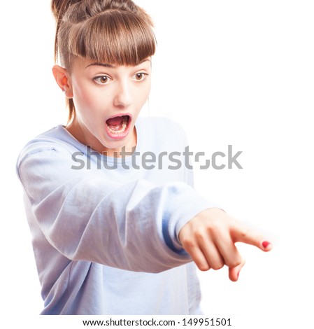 girl pointing surprised on a white background
