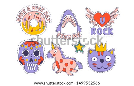 Cute Trendy Patches Set, Colorful Childish Stickers Appliques Vector Illustration