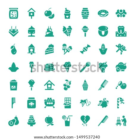 sweet icons. Editable 49 sweet icons. Included icons such as Birthday cake, Comb, Broken heart, Juice, Apple, Chocolate fountain, Avocado, Candy Cane. sweet trendy icons for web.
