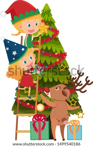 Children decorating christmas tree illustration