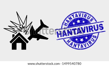 Vector airplane disaster icon and Hantavirus stamp. Red round distress seal stamp with Hantavirus text. Vector combination in flat style. Black isolated airplane disaster icon.