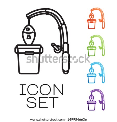 Black line Fishing rod and fish icon isolated on white background. Put fish into a bucket. Fishing equipment and fish farming topics. Set icons colorful. Vector Illustrationn