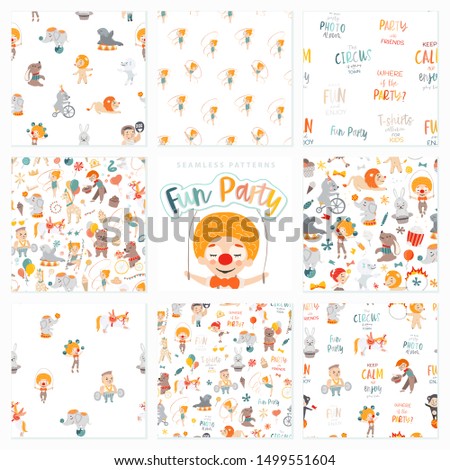 Illustrations of funny circus characters. Presentation, show and magic. Template vector graphics. Seamless patterns.