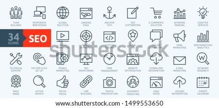 Outline web icons set - Search Engine Optimization. Thin line web icon collection. Simple vector illustration. Royalty-Free Stock Photo #1499553650