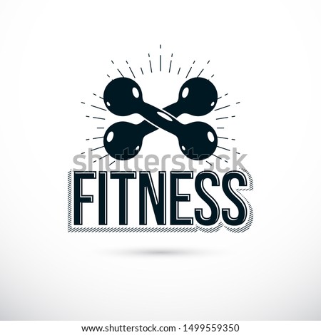 Bodybuilding and fitness sport logo template, retro style vector emblem. Two dumbbells crossed.