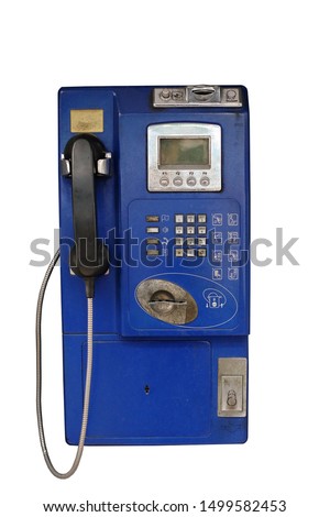 Public telephone isolated on white, blue and old telephone in Thailand  Royalty-Free Stock Photo #1499582453