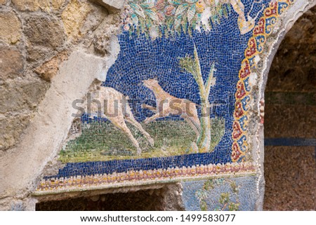 Ancient, well-preserved mosaic, detail of the altar in the ruins of the estate in the ancient Roman city of Herculaneum (destroyed in 79 BC during the eruption of Vesuvius.), Italy.