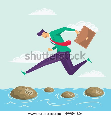 Businessman jumping over bumps in the water. Earnings on the exchange rate. Concept of business risk and success