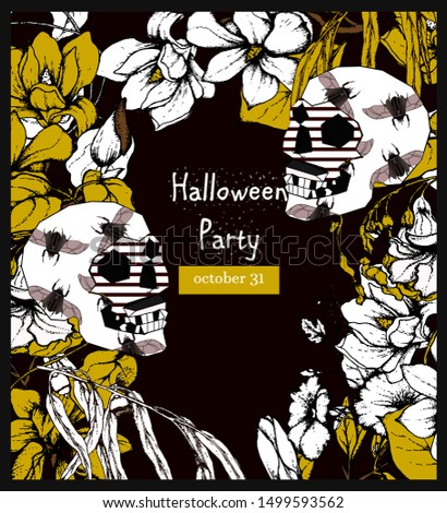Halloween invitation card with skulls, bugs and hand drawn flowers. 