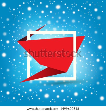 Christmas red origami speech bubble or banner isolated on winter sky background with falling snowflakes. red Ribbon banner, scroll, price tag, sticker, badge, poster. Vector cover design template 