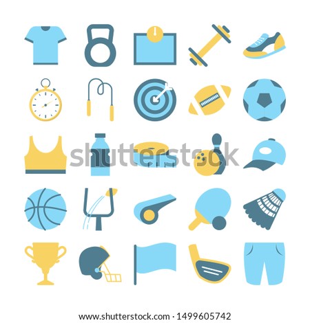 Sport equipment set. Collection of various object for exercise. Tennis racket and soccer ball, dumbbell and gloves. Set of colorful icons. Isolated flat illustration