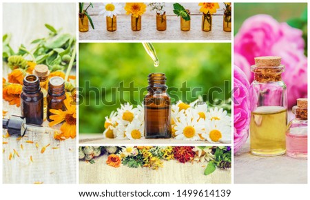 Collage of different pictures of extracts of herbs. Homeopathy. Selective focus. Nature.