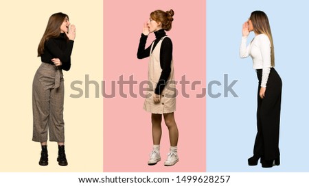 Set of women shouting with mouth wide open to the lateral