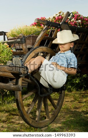 Young boy sleeping in garden on the old carriage 