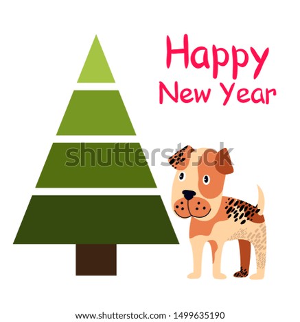 Happy New year poster with abstract tree, spruce plant icon with brown trunk, and smiling dog in blue collar raster illustration isolated on white