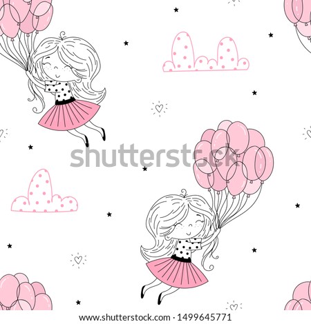 Vector seamless pattern illustration. Cute little girl in pink flying away in the sky with her pink umbrella. Vector funny doodle illustration for girlish designs like textile apparel print, wall art.