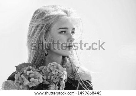 Girl tender fashion model hold hydrangea flowers bouquet. Fashion and beauty industry. Meet spring with fresh bouquet. Flowers tender fragrance. Celebrate spring with bouquet. Bouquet for girlfriend.